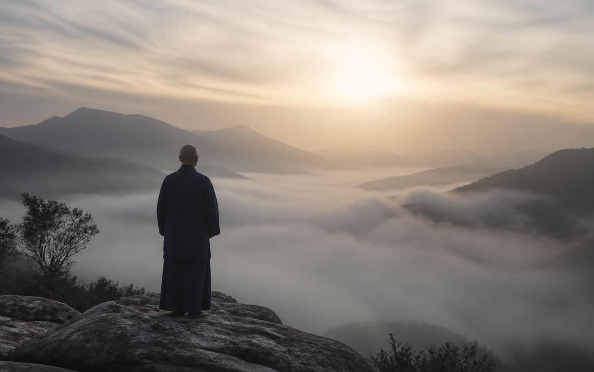 Figura contemplando un amanecer montañoso, metáfora de la dimensión transpersonal